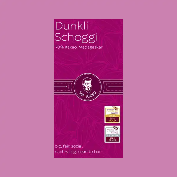pinke Verpackung Dunkli Schoggi Madagaskar