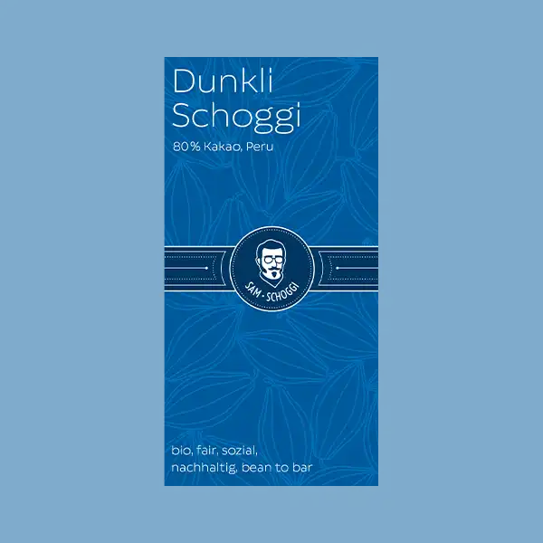 blaue Verpackung Dunkli Schoggi Peru