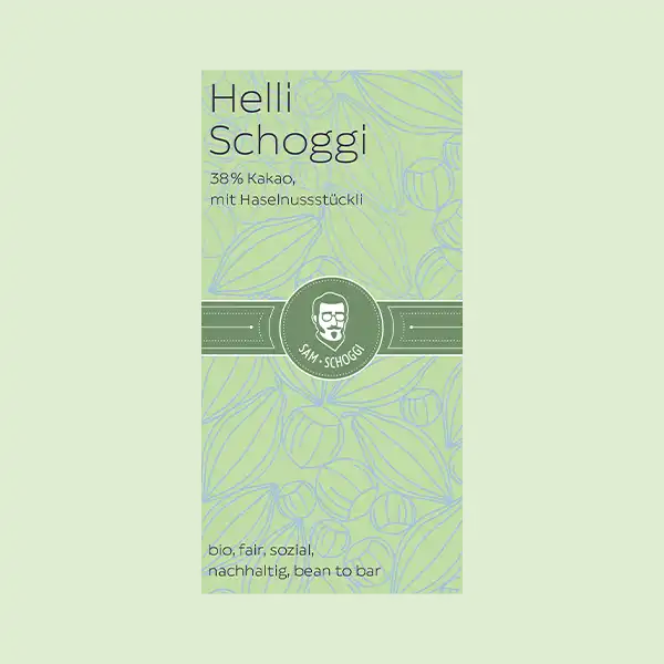 hellgrüne Verpackung Helli Schoggi Haselnussstückli