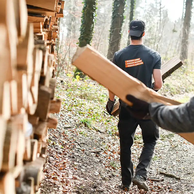 Mann bei Waldarbeit, es wird Brennholz hergestellt
