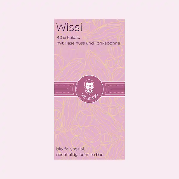 rosa Verpackung Wissi Schoggi Haselnuss und Tonkabohne