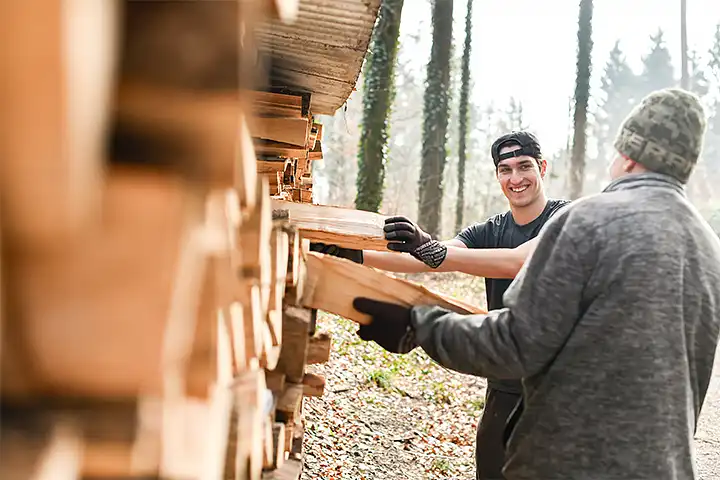Zwei Männer tragen Holz