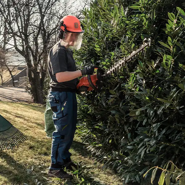 Junger Mann mit Helm und elektrischer Heckenschere schneidet eine Hecke