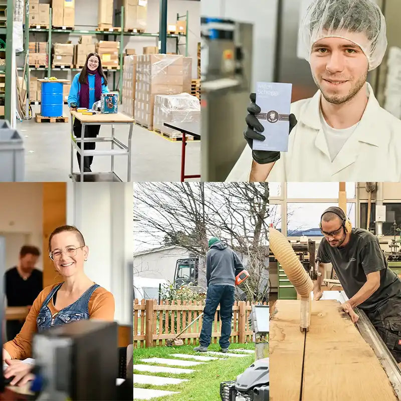 Collage mit Bildern unserer fünf Berufsfelder Logistik, KV, Schoggi-Produktion, Betriebsunterhalt und Schreinerei